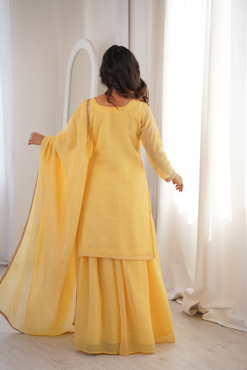 Premium Crunchy Silk Embroidered Sharara Set with Multicolor Lace Dupatta