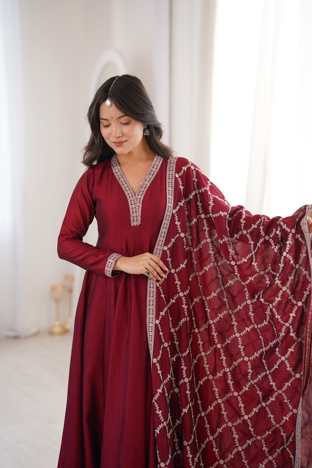 Premium Rust Crunchy Silk Anarkali Gown with Jari, Sequin & Beadwork Dupatta