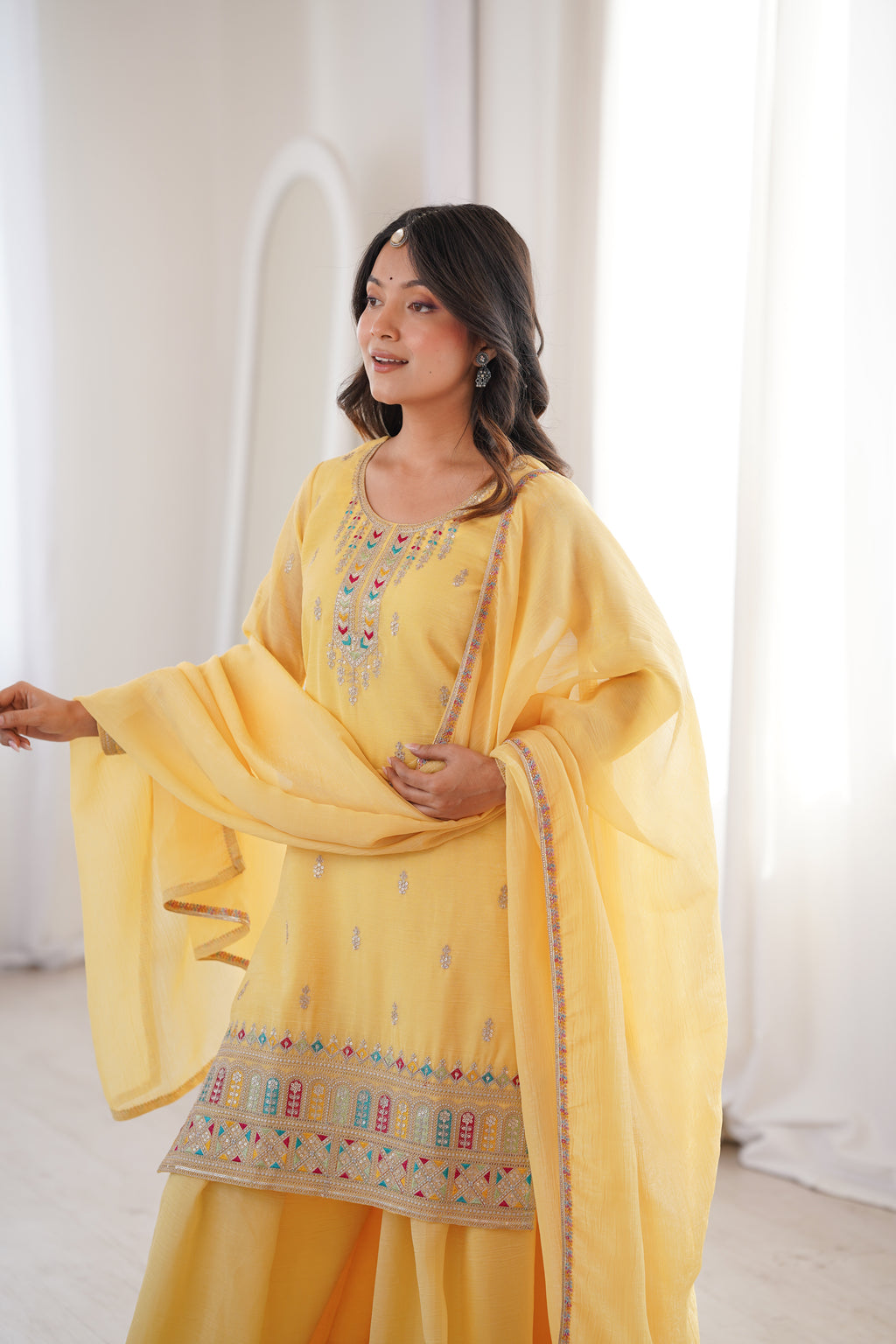 Premium Crunchy Silk Embroidered Sharara Set with Multicolor Lace Dupatta