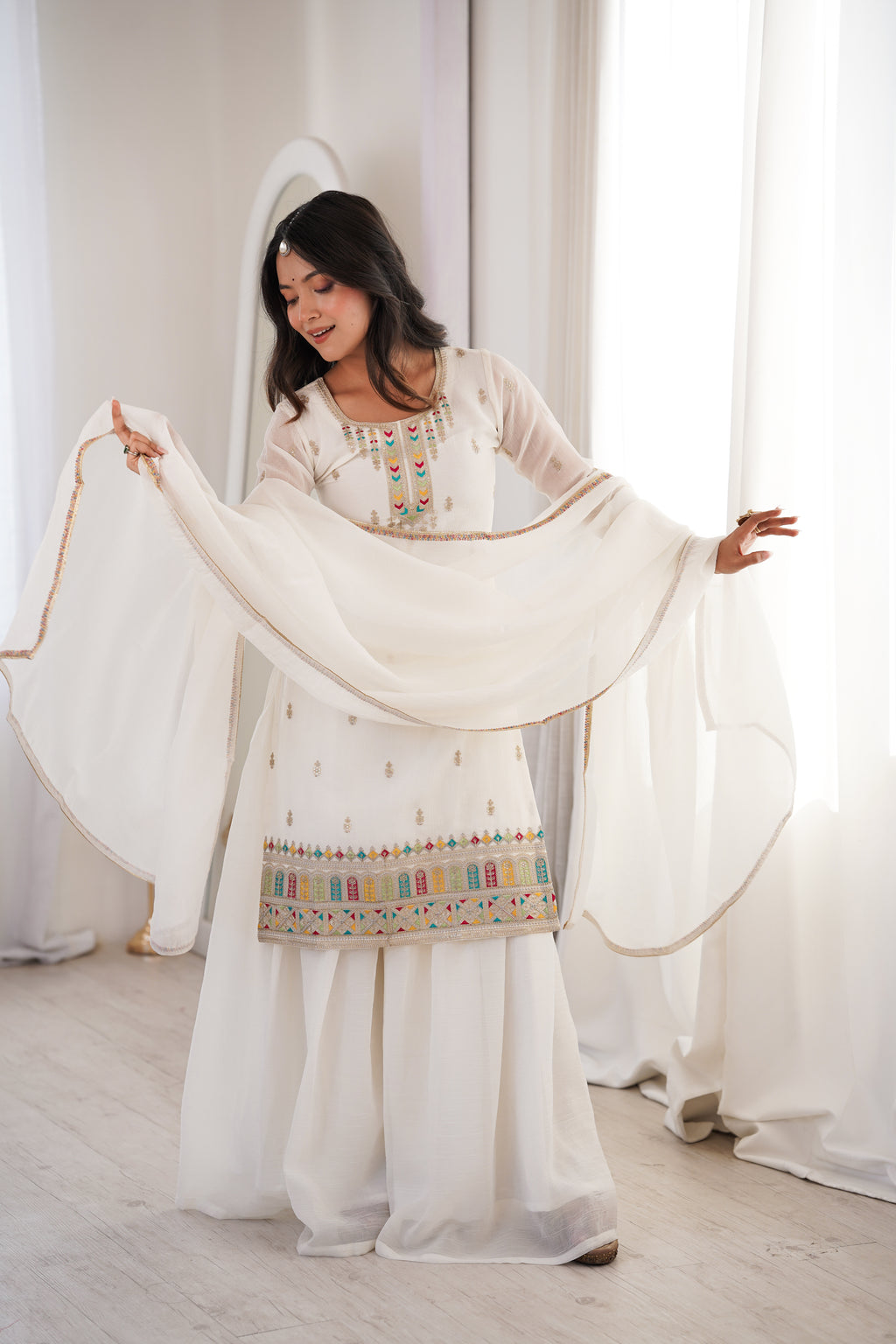 Premium Crunchy Silk Embroidered Sharara Set with Multicolor Lace Dupatta