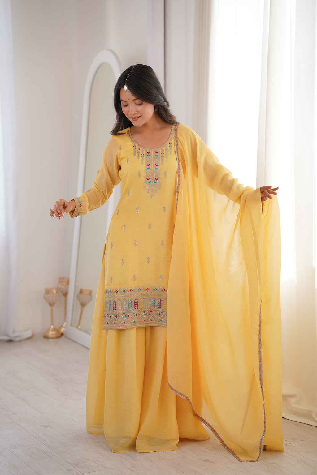 Premium Crunchy Silk Embroidered Sharara Set with Multicolor Lace Dupatta