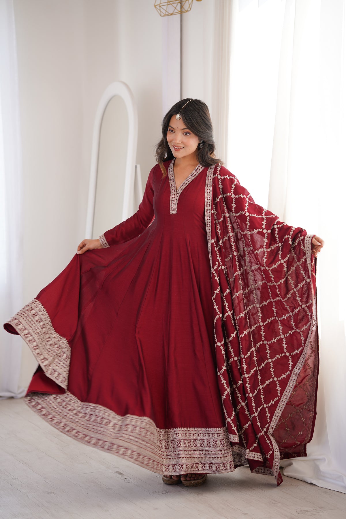 Premium Rust Crunchy Silk Anarkali Gown with Jari, Sequin & Beadwork Dupatta