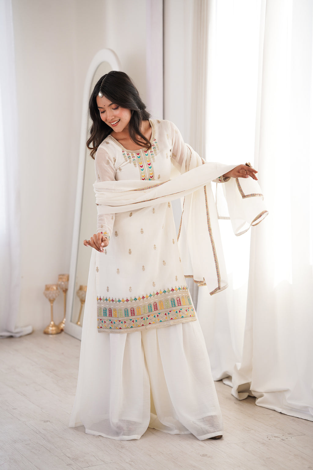 Premium Crunchy Silk Embroidered Sharara Set with Multicolor Lace Dupatta