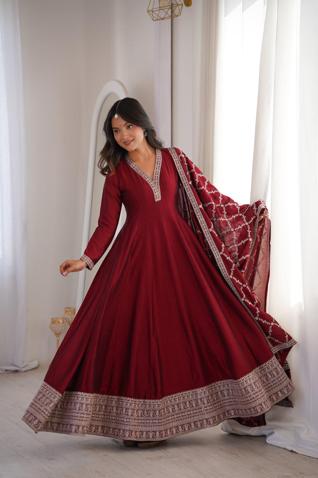 Premium Rust Crunchy Silk Anarkali Gown with Jari, Sequin & Beadwork Dupatta