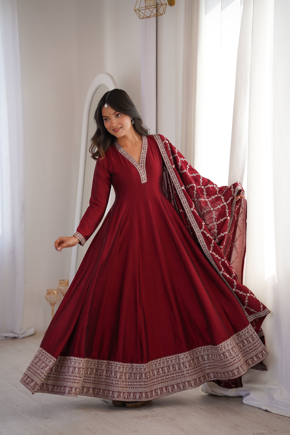 Premium Rust Crunchy Silk Anarkali Gown with Jari, Sequin & Beadwork Dupatta