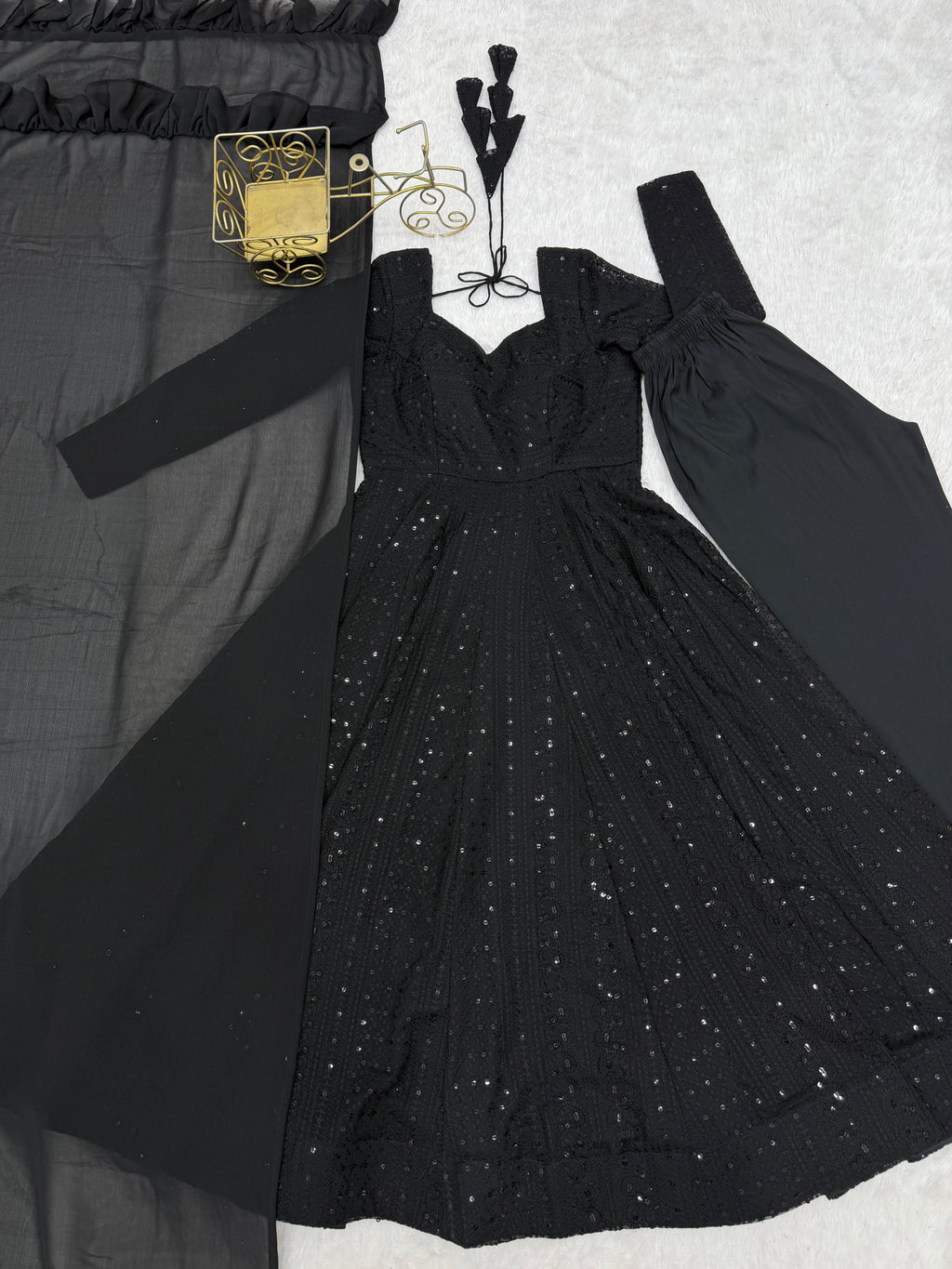Lucknowi Fox Georgette Anarkali with Ruffle Dupatta & Pant Set