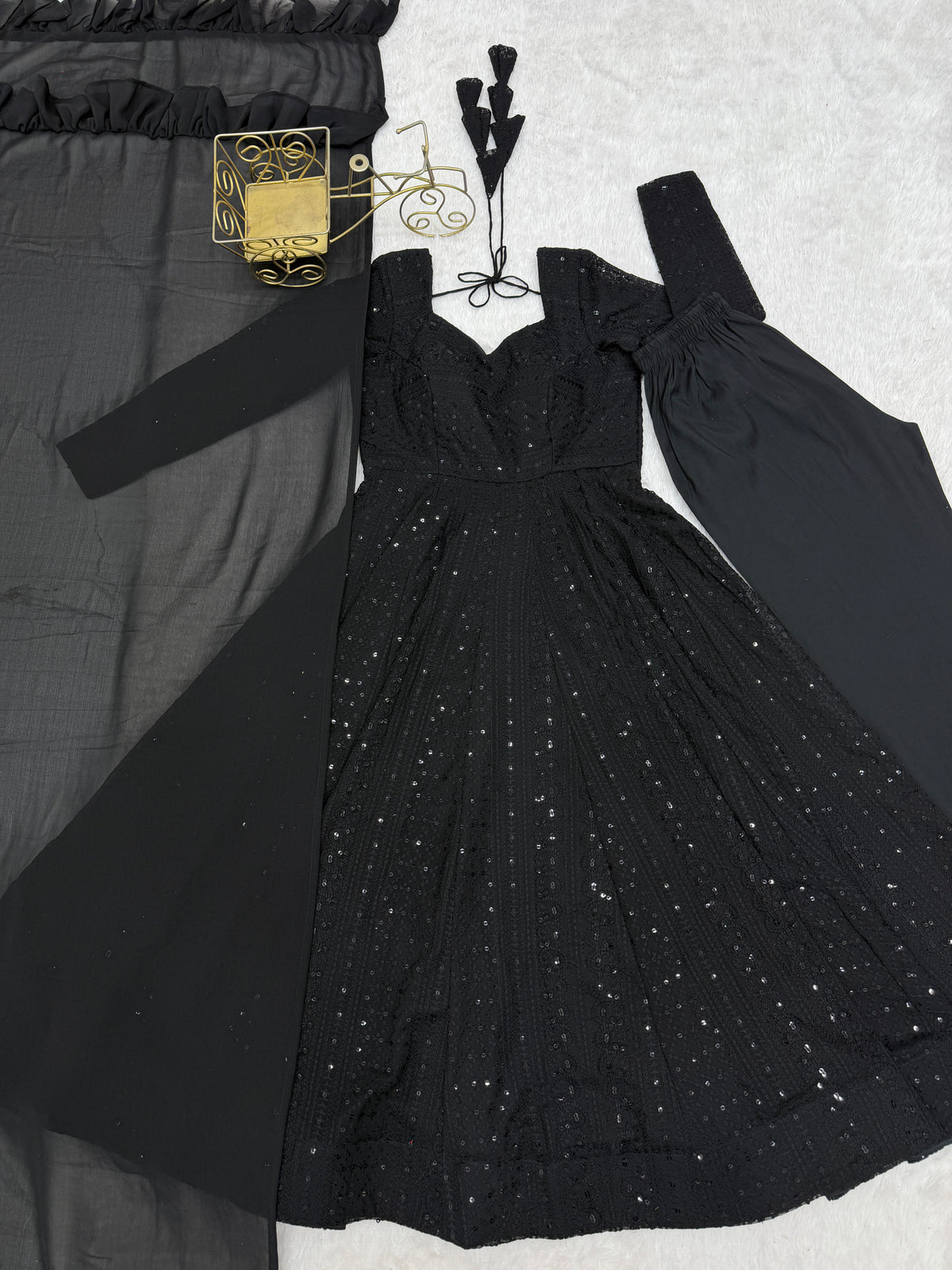 Lucknowi Fox Georgette Anarkali with Ruffle Dupatta & Pant Set