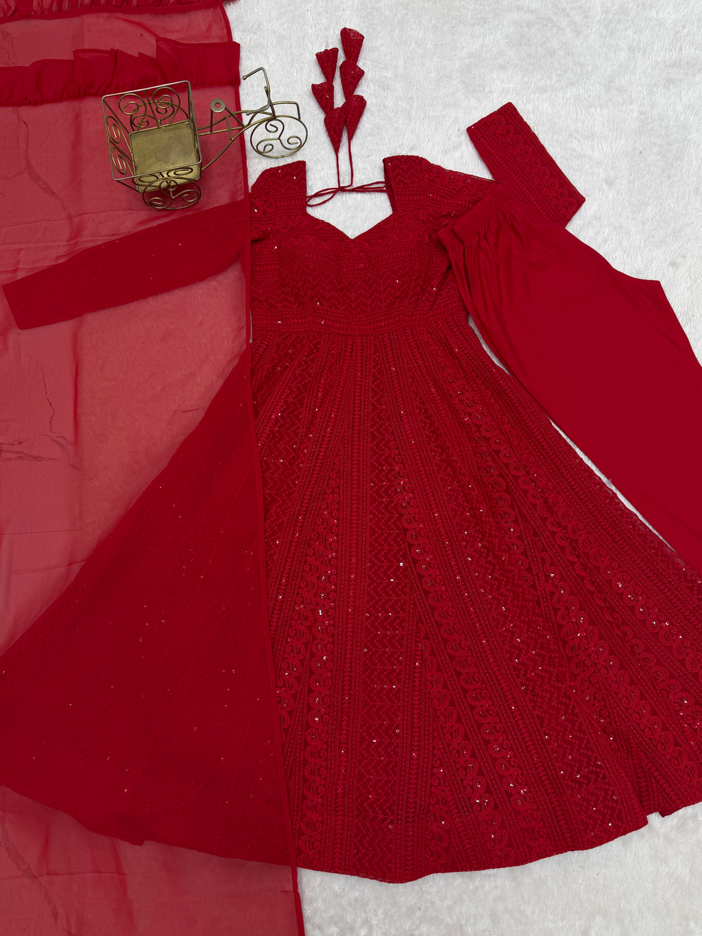 Lucknowi Fox Georgette Anarkali with Ruffle Dupatta & Pant Set