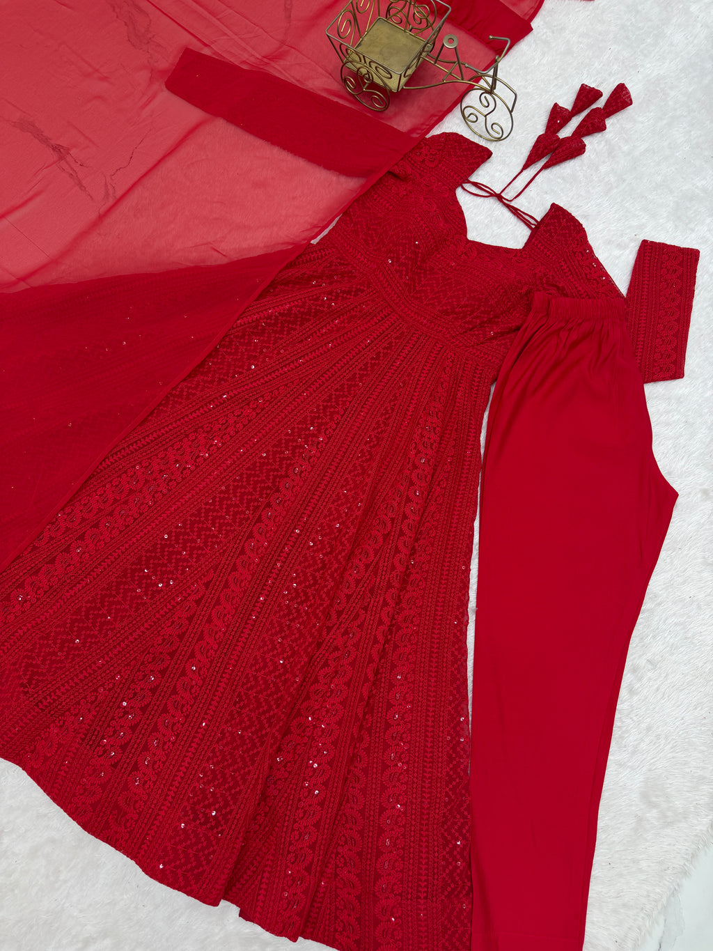 Lucknowi Fox Georgette Anarkali with Ruffle Dupatta & Pant Set