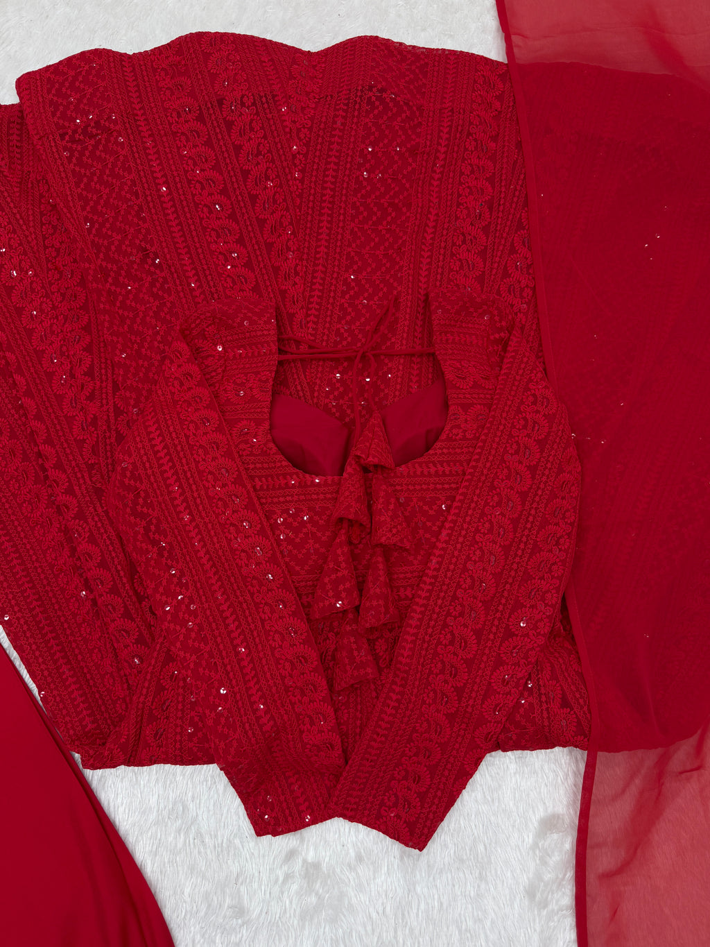 Lucknowi Fox Georgette Anarkali with Ruffle Dupatta & Pant Set