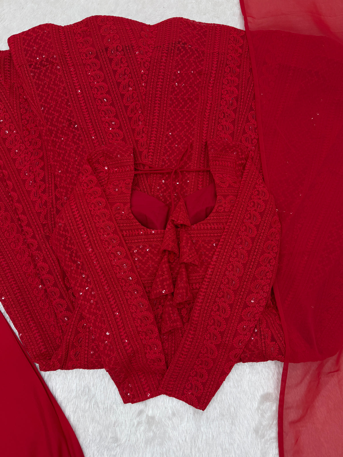Lucknowi Fox Georgette Anarkali with Ruffle Dupatta & Pant Set