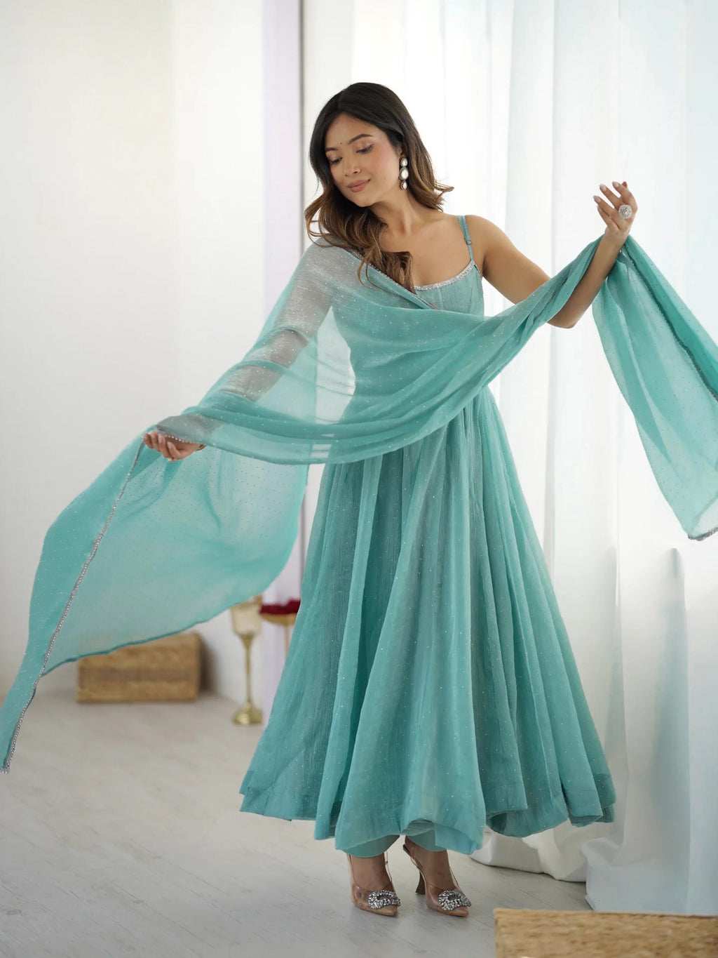 Sky Blue & Dusty Pink Crunchy Silk Siroki Work Flared Anarkali Gown Set with Lace Dupatta & Pant