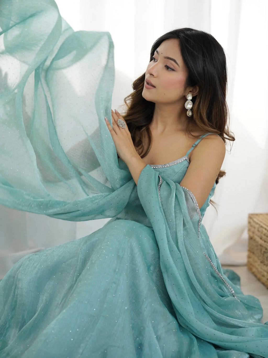 Sky Blue & Dusty Pink Crunchy Silk Siroki Work Flared Anarkali Gown Set with Lace Dupatta & Pant