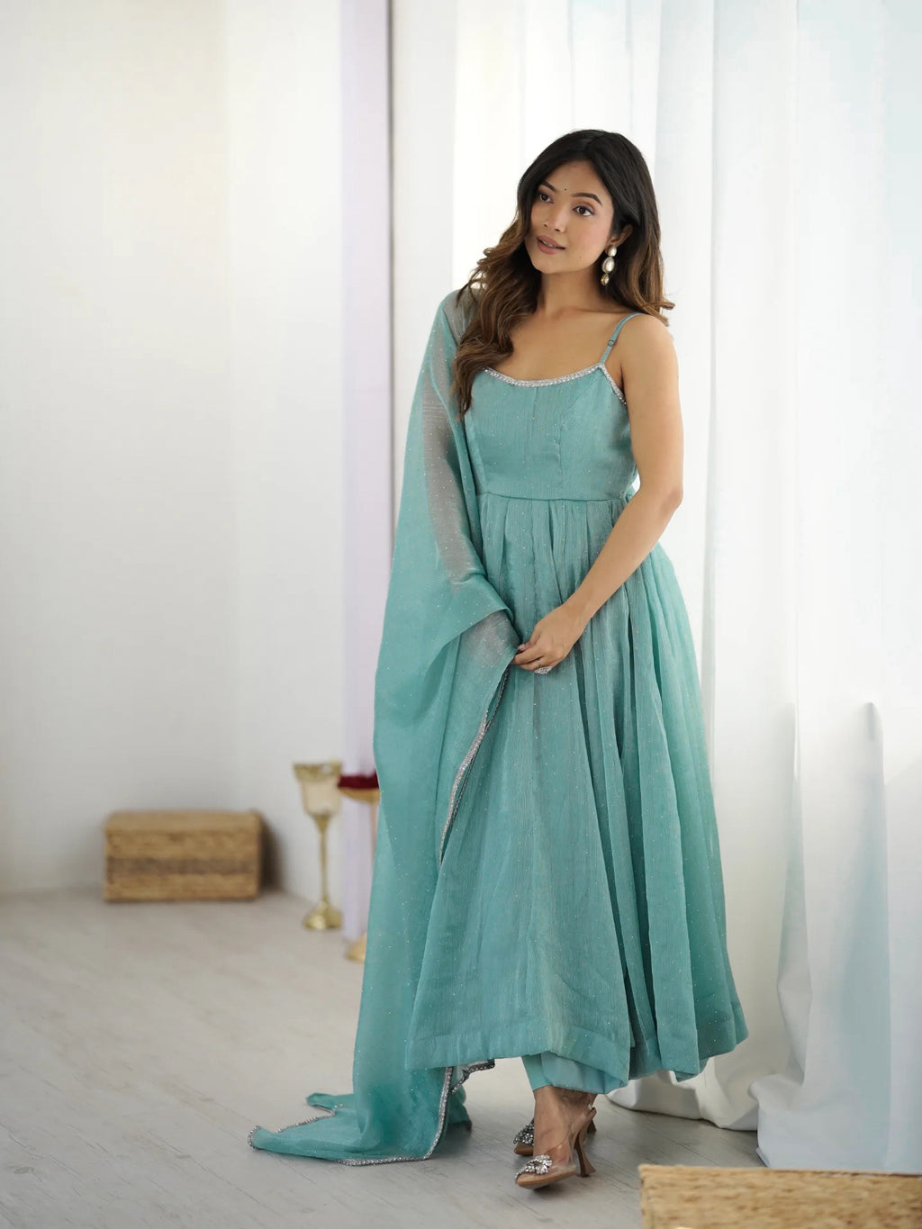 Sky Blue & Dusty Pink Crunchy Silk Siroki Work Flared Anarkali Gown Set with Lace Dupatta & Pant