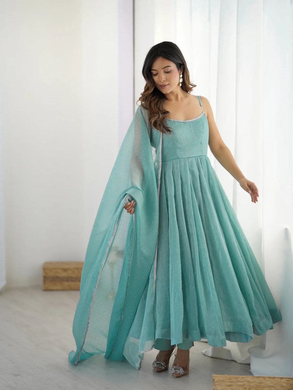 Sky Blue & Dusty Pink Crunchy Silk Siroki Work Flared Anarkali Gown Set with Lace Dupatta & Pant