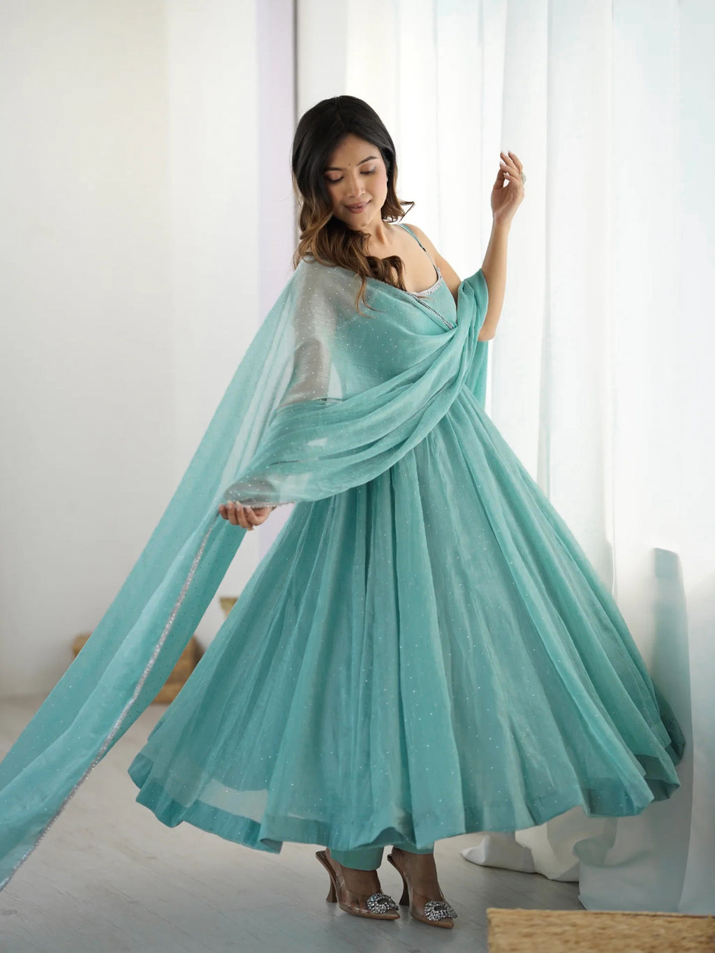 Sky Blue & Dusty Pink Crunchy Silk Siroki Work Flared Anarkali Gown Set with Lace Dupatta & Pant