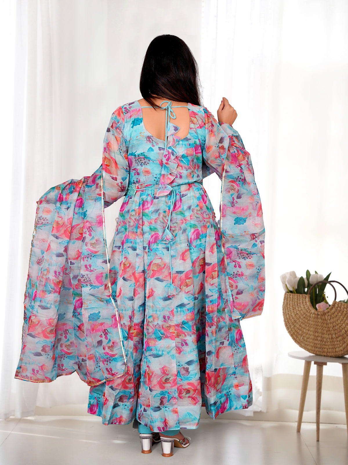 Tabby Organza Silk Printed Anarkali Set with Kali Flair, Gota Patti Dupatta & Belt