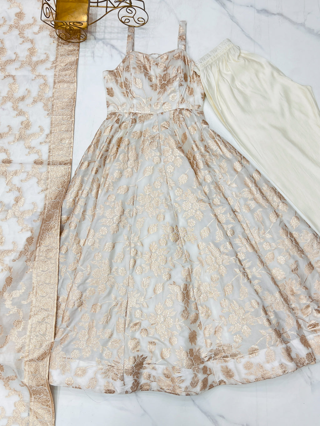 Banarasi Jacquard Dola Silk Flared Anarkali Gown with Dupatta & Pant Set
