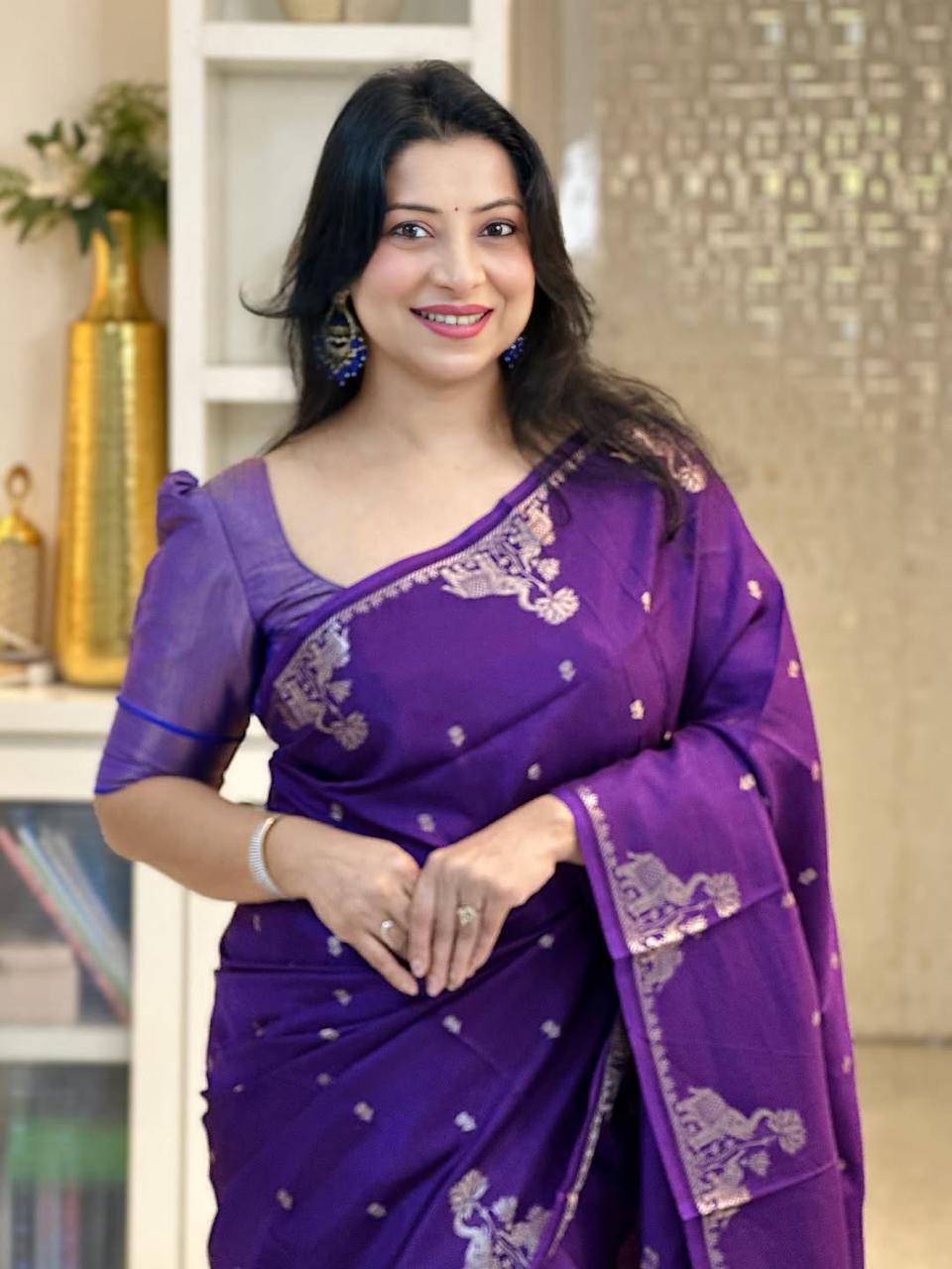 Soft Lichi Silk Saree with Gold Zari Jacquard Weave, Grand Pallu & Designer Border Blouse