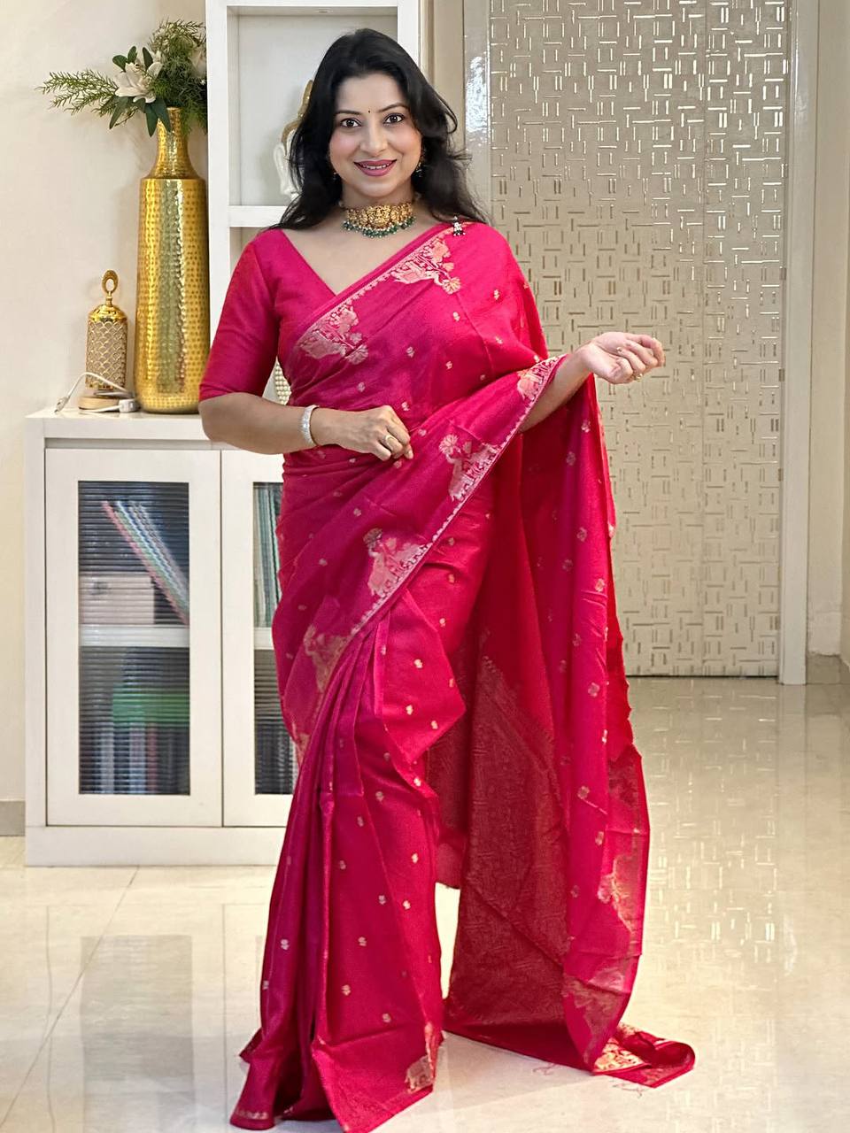 Soft Lichi Silk Saree with Gold Zari Jacquard Weave, Grand Pallu & Designer Border Blouse