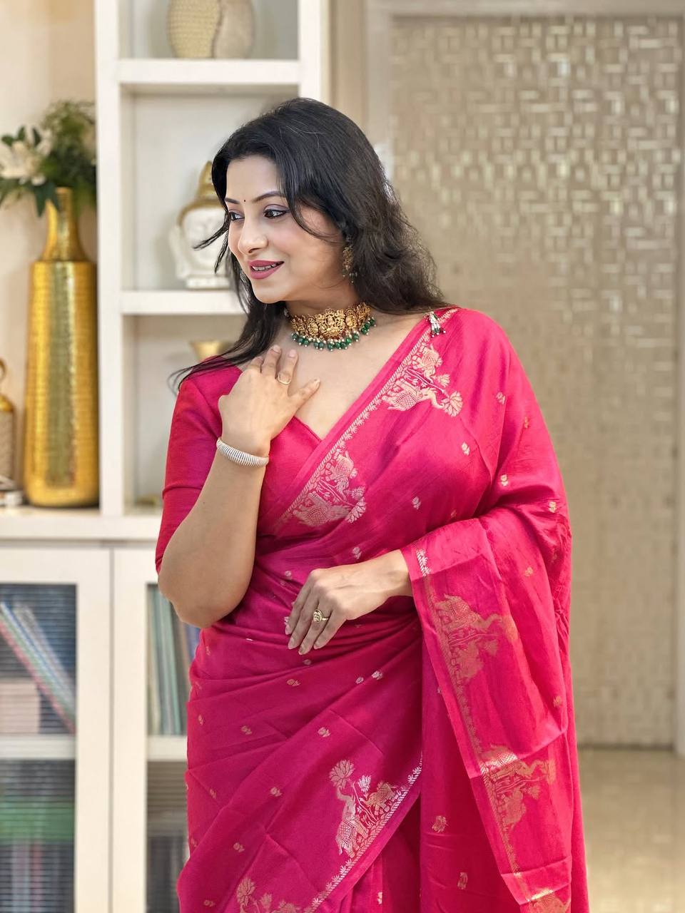 Soft Lichi Silk Saree with Gold Zari Jacquard Weave, Grand Pallu & Designer Border Blouse