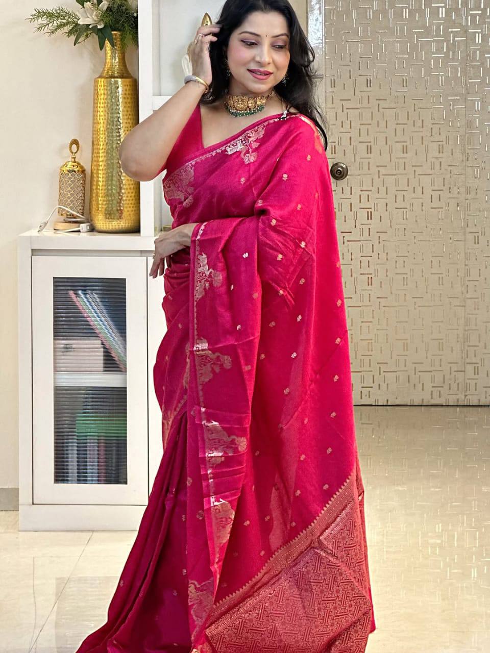 Soft Lichi Silk Saree with Gold Zari Jacquard Weave, Grand Pallu & Designer Border Blouse