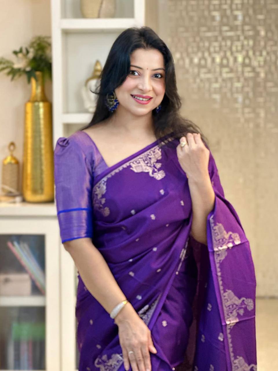 Soft Lichi Silk Saree with Gold Zari Jacquard Weave, Grand Pallu & Designer Border Blouse
