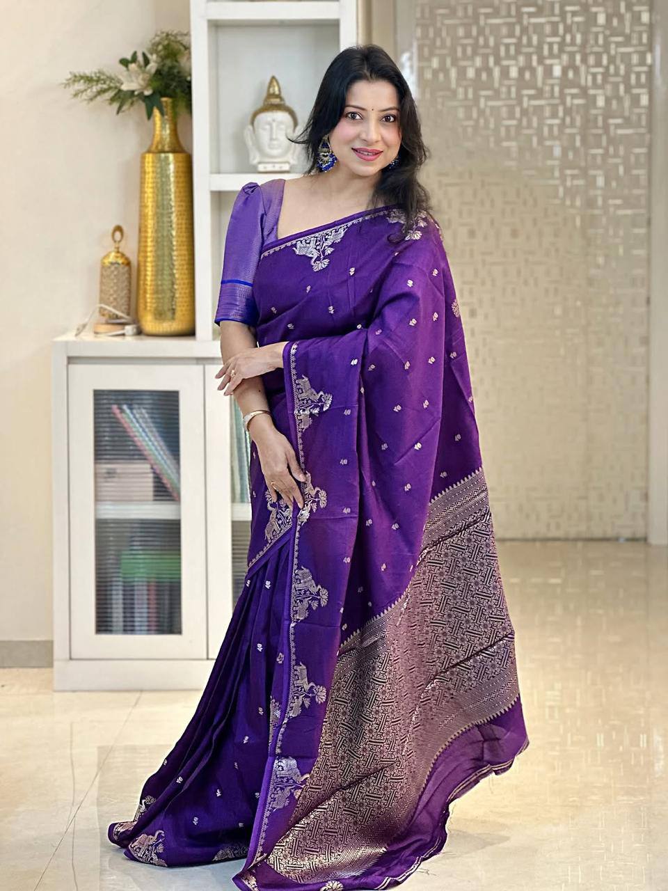 Soft Lichi Silk Saree with Gold Zari Jacquard Weave, Grand Pallu & Designer Border Blouse