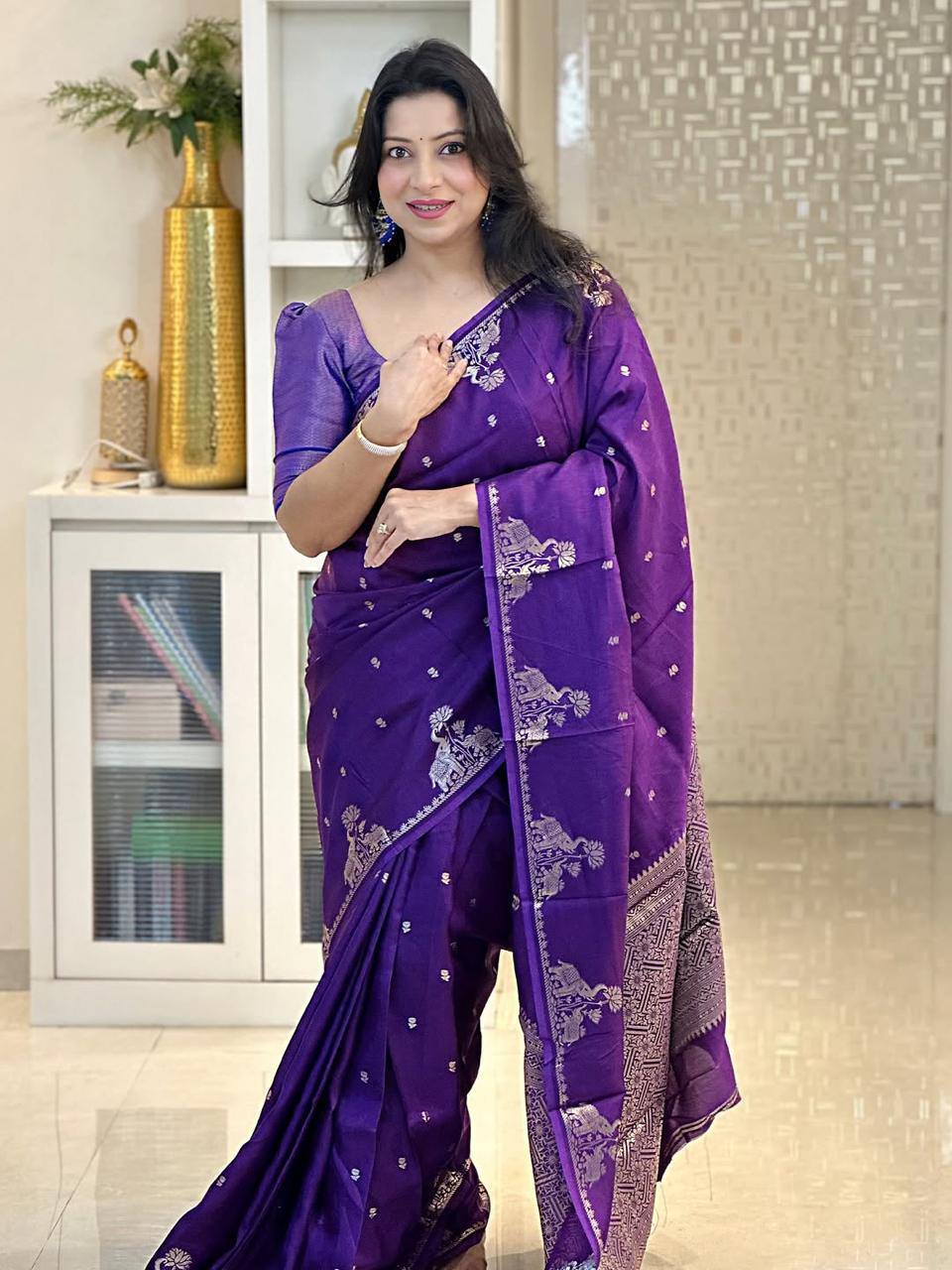 Soft Lichi Silk Saree with Gold Zari Jacquard Weave, Grand Pallu & Designer Border Blouse