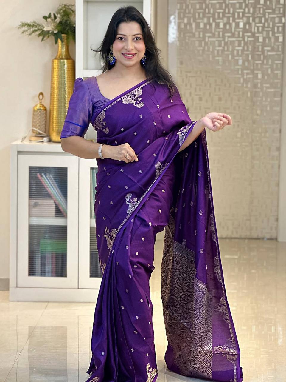 Soft Lichi Silk Saree with Gold Zari Jacquard Weave, Grand Pallu & Designer Border Blouse
