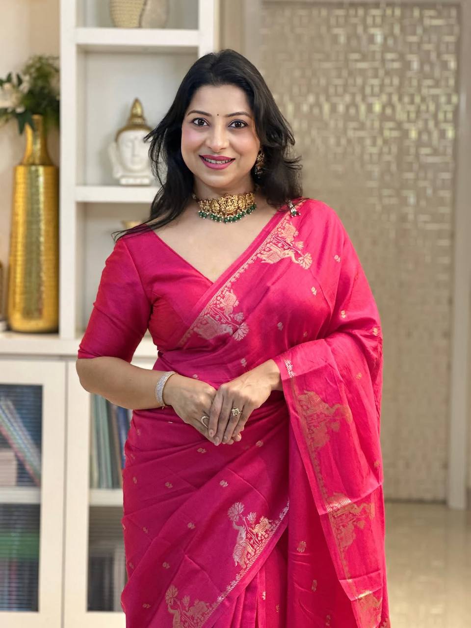 Soft Lichi Silk Saree with Gold Zari Jacquard Weave, Grand Pallu & Designer Border Blouse