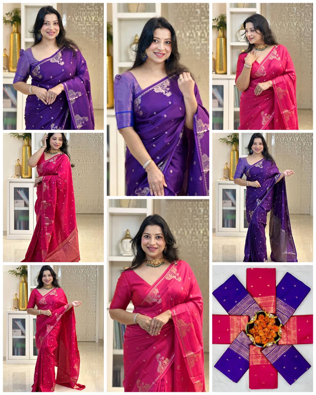 Soft Lichi Silk Saree with Gold Zari Jacquard Weave, Grand Pallu & Designer Border Blouse