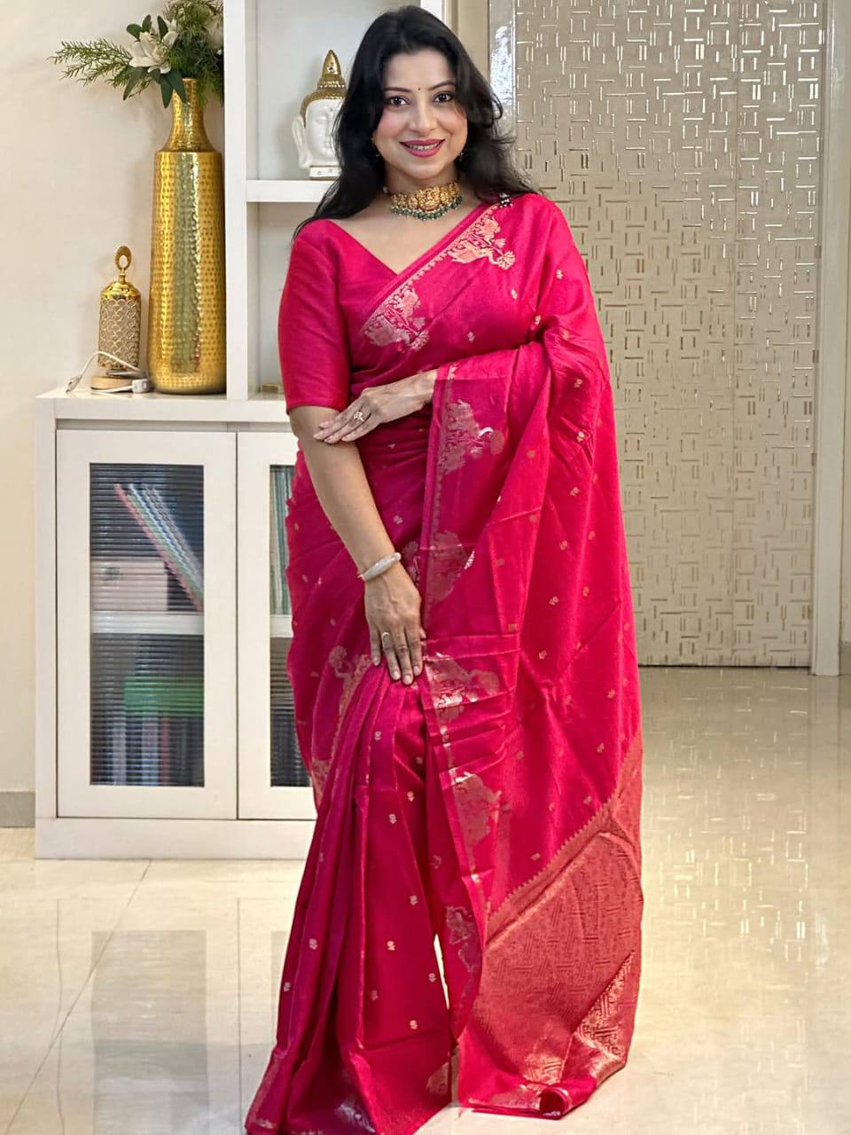 Soft Lichi Silk Saree with Gold Zari Jacquard Weave, Grand Pallu & Designer Border Blouse