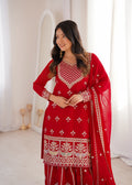 Pure Fox Georgette Embroidered Top with Sharara & Dupatta Set