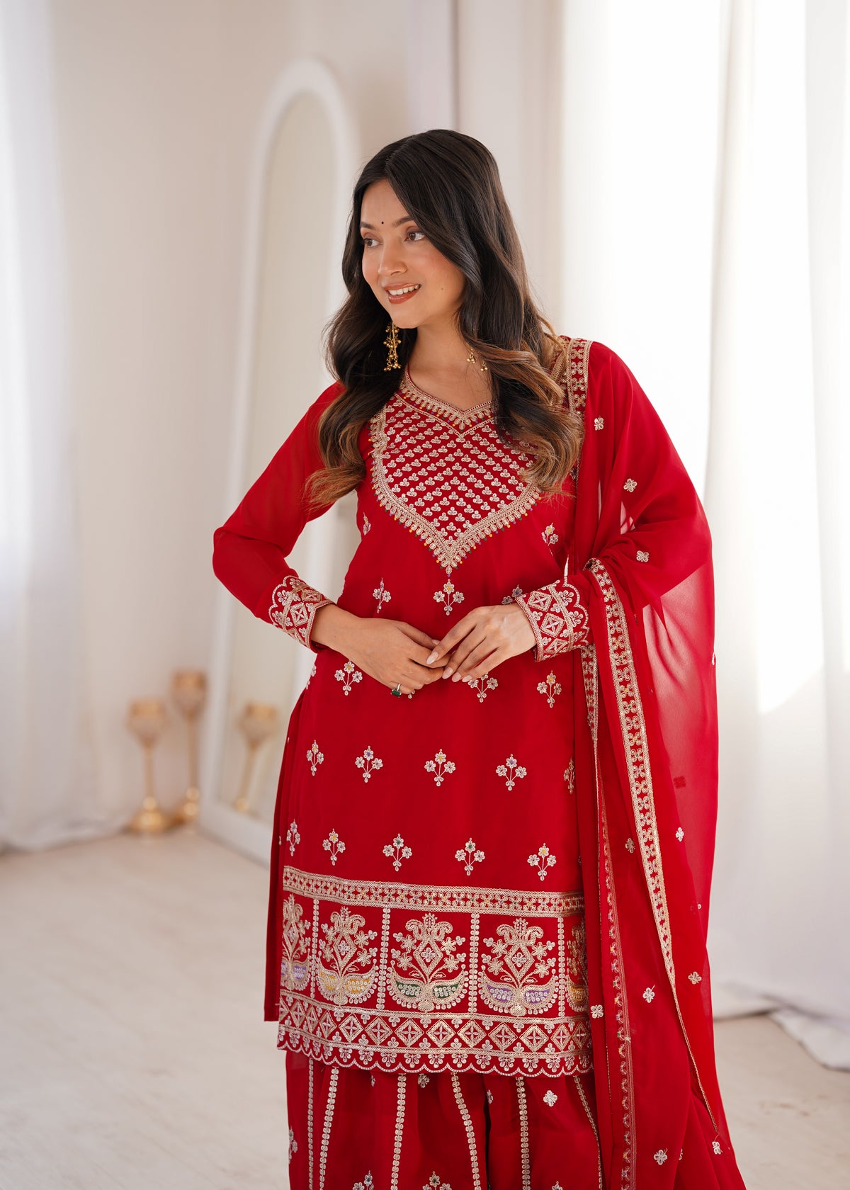 Pure Fox Georgette Embroidered Top with Sharara & Dupatta Set