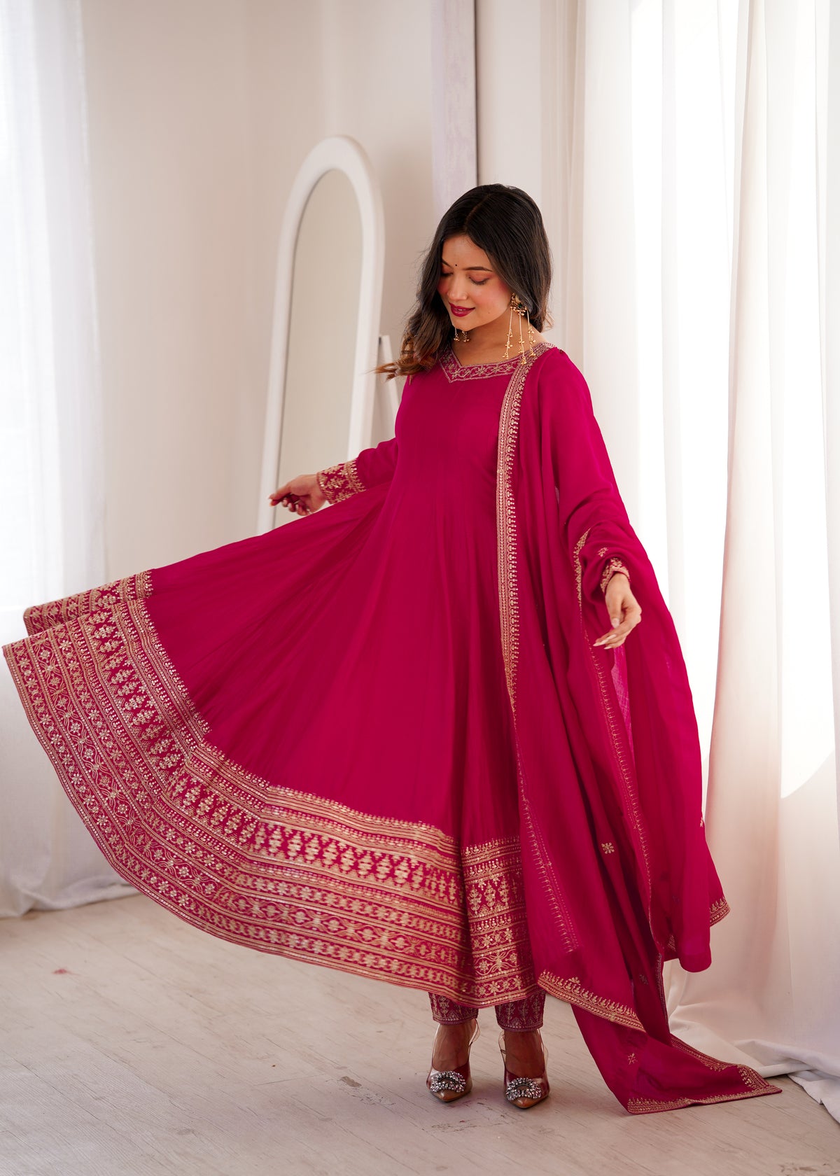 Blooming Vichitra Silk Flared Anarkali Gown with Dupatta & Pant Set