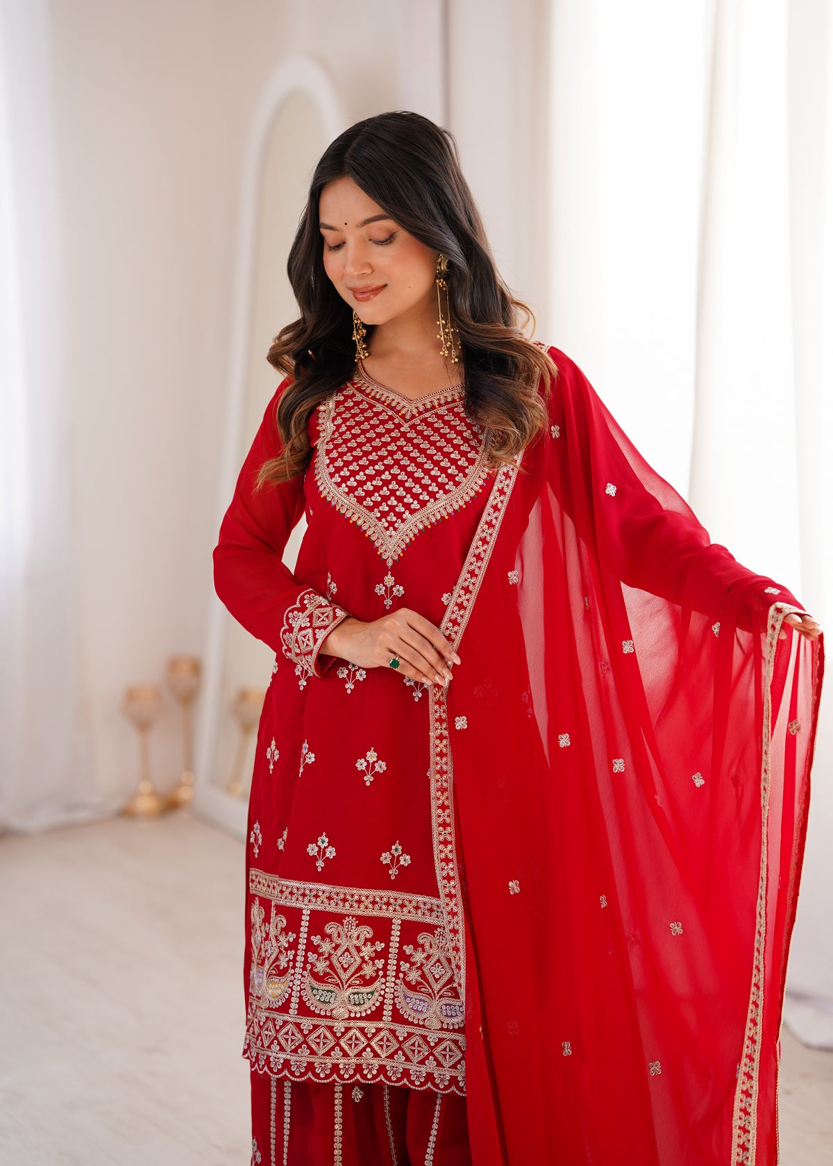 Pure Fox Georgette Embroidered Top with Sharara & Dupatta Set