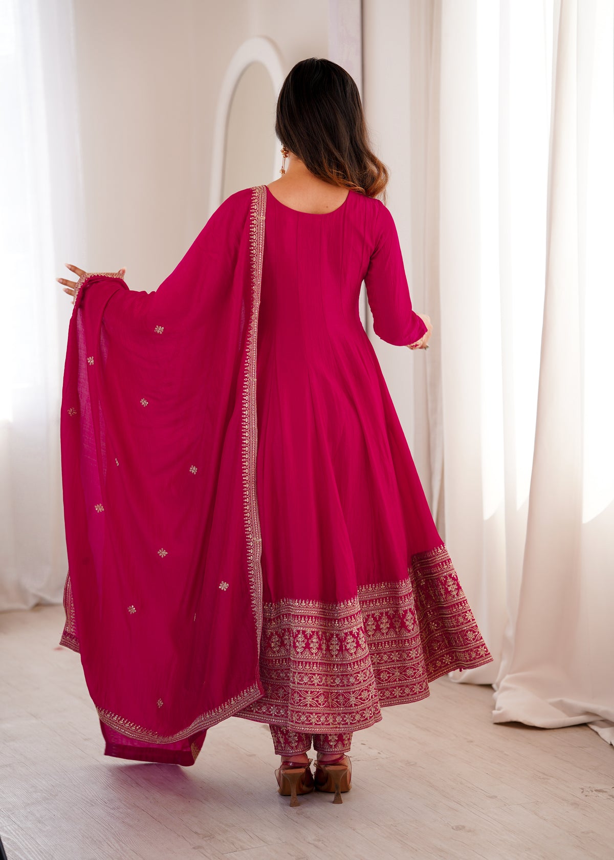 Blooming Vichitra Silk Flared Anarkali Gown with Dupatta & Pant Set
