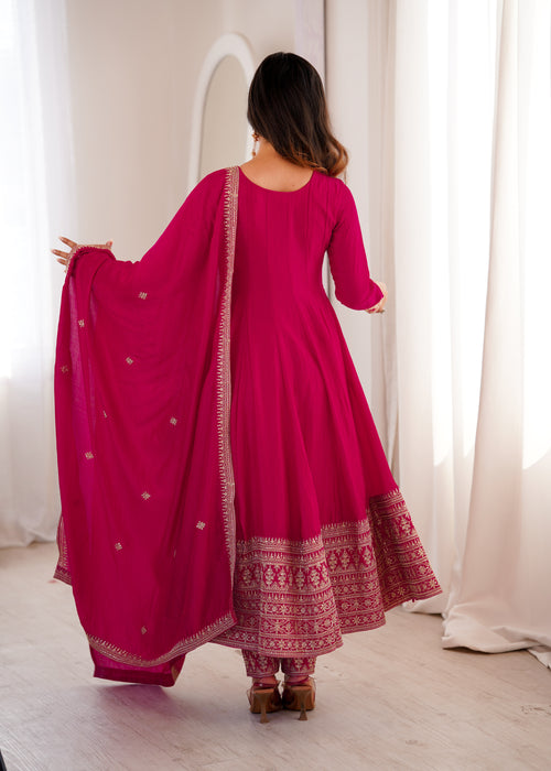 Blooming Vichitra Silk Flared Anarkali Gown with Dupatta & Pant Set
