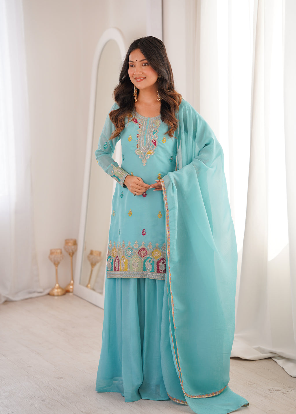 Sky Blue Crunchy Silk Sharara Set with Embroidery, Jari Work & Multicolor Lace Dupatta