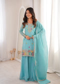 Sky Blue Crunchy Silk Sharara Set with Embroidery, Jari Work & Multicolor Lace Dupatta