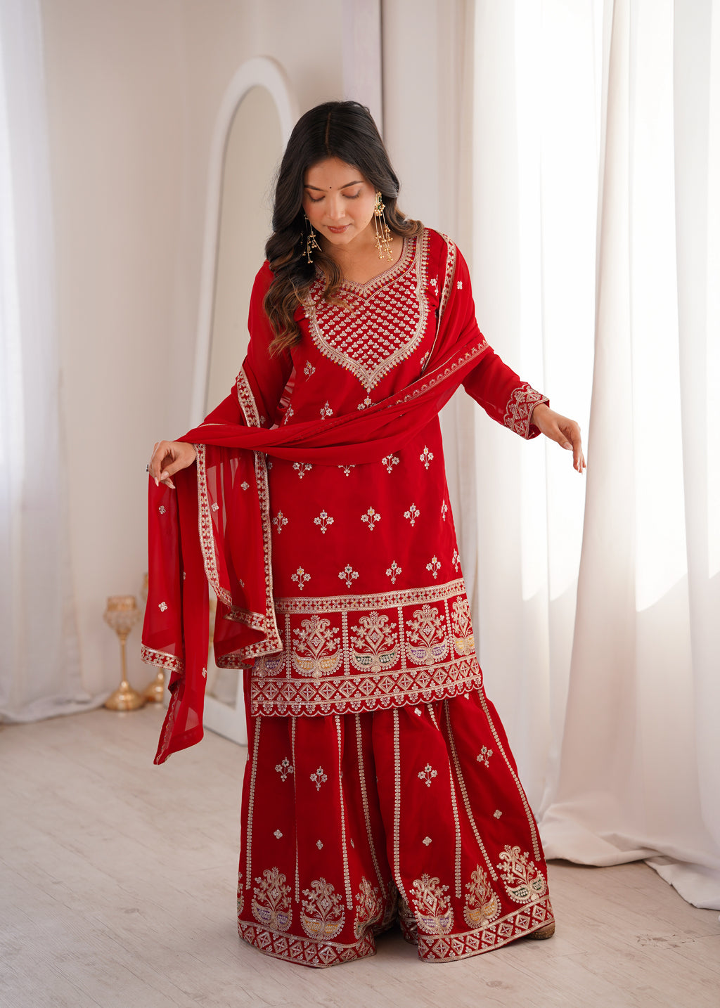 Pure Fox Georgette Embroidered Top with Sharara & Dupatta Set