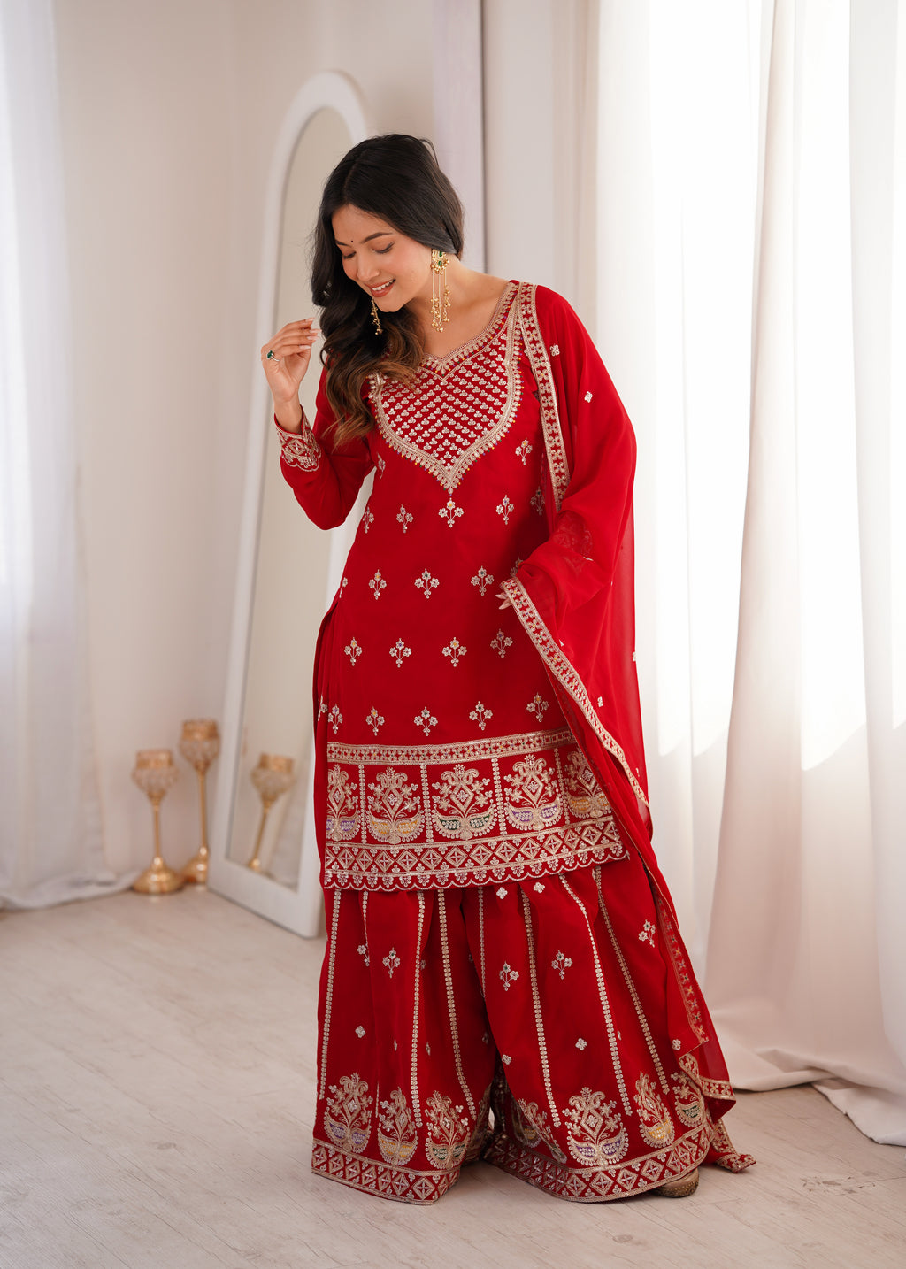 Pure Fox Georgette Embroidered Top with Sharara & Dupatta Set