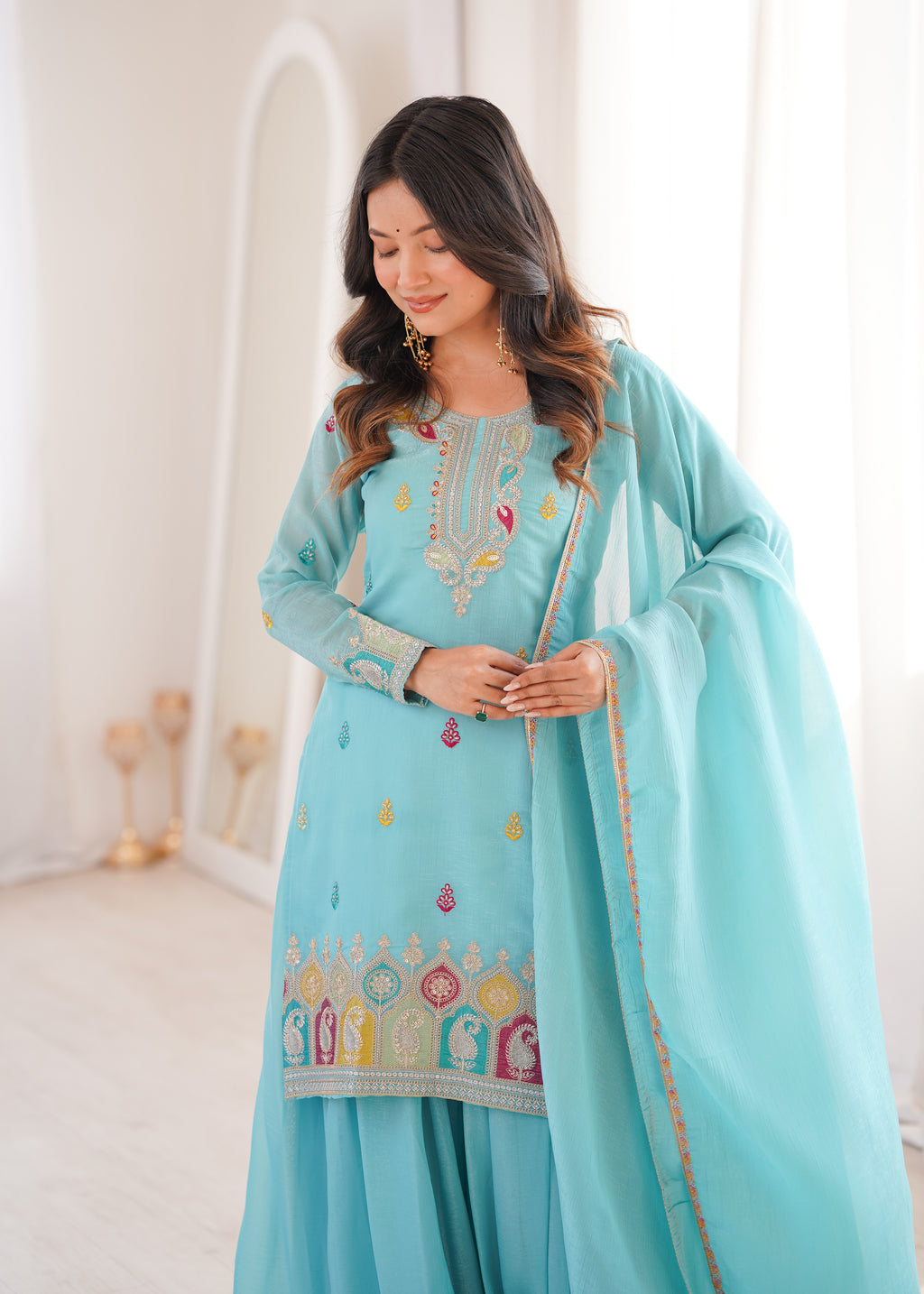 Sky Blue Crunchy Silk Sharara Set with Embroidery, Jari Work & Multicolor Lace Dupatta