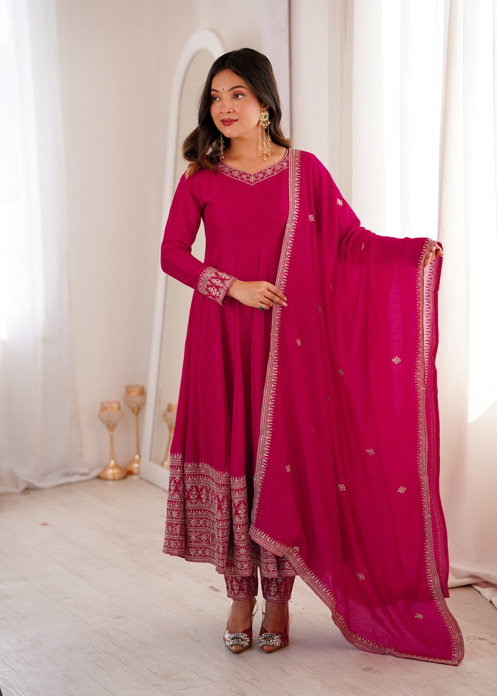 Blooming Vichitra Silk Flared Anarkali Gown with Dupatta & Pant Set