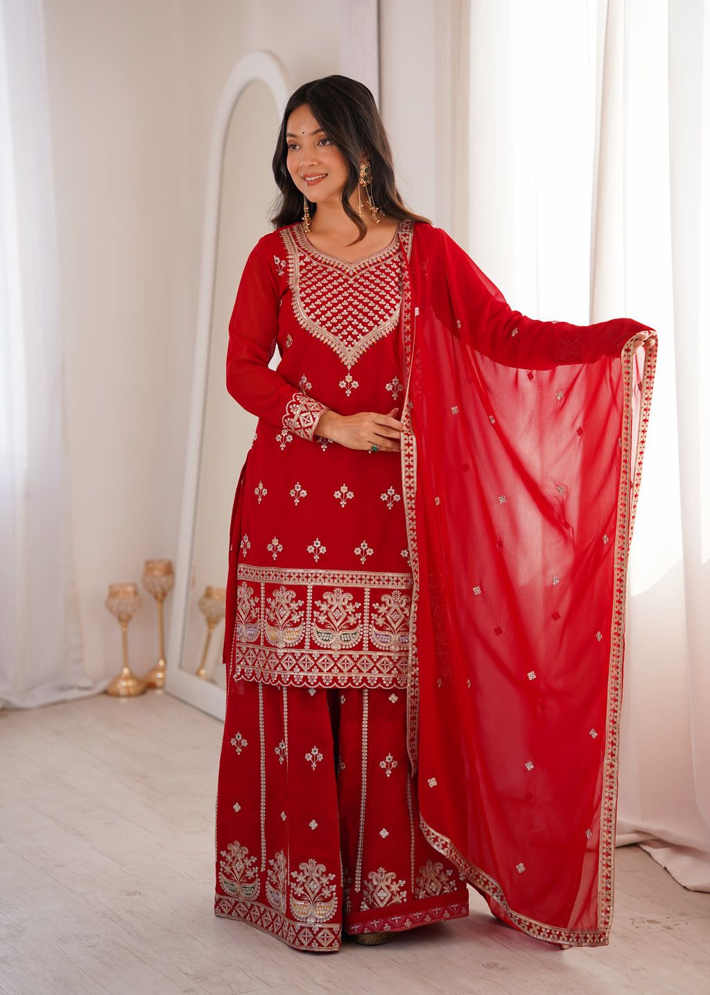 Pure Fox Georgette Embroidered Top with Sharara & Dupatta Set