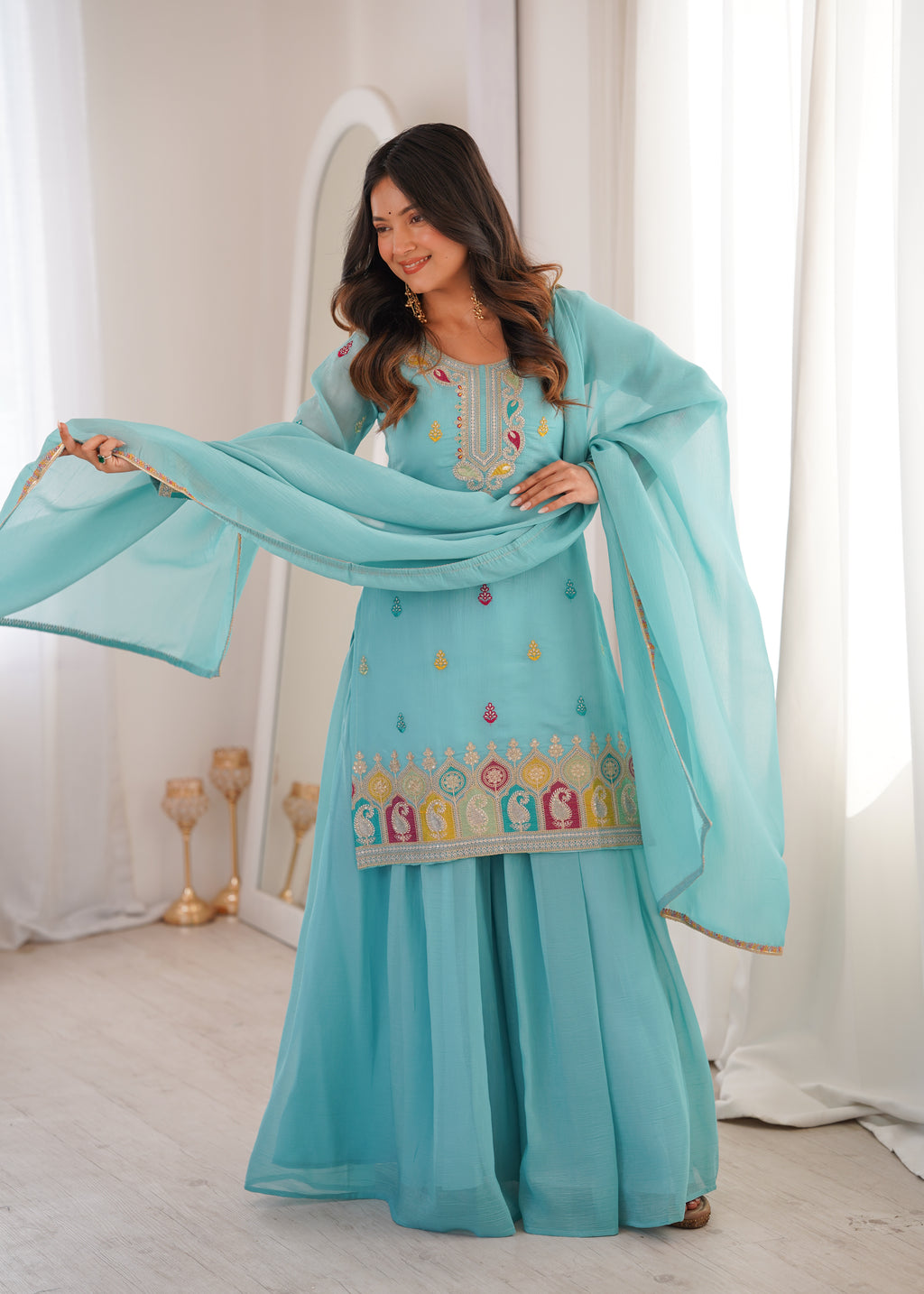 Sky Blue Crunchy Silk Sharara Set with Embroidery, Jari Work & Multicolor Lace Dupatta