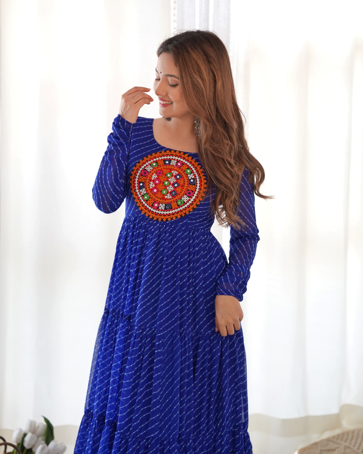 Laheriya Print Faux Georgette 7M+ Flair Anarkali Gown with Gamthi Yoke & Back Dori