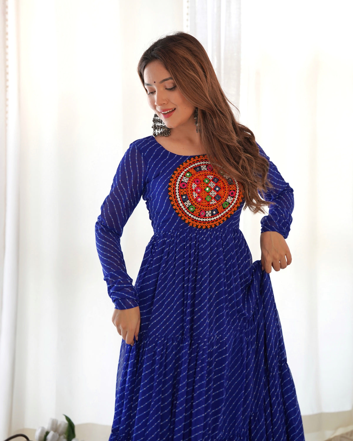 Laheriya Print Faux Georgette 7M+ Flair Anarkali Gown with Gamthi Yoke & Back Dori