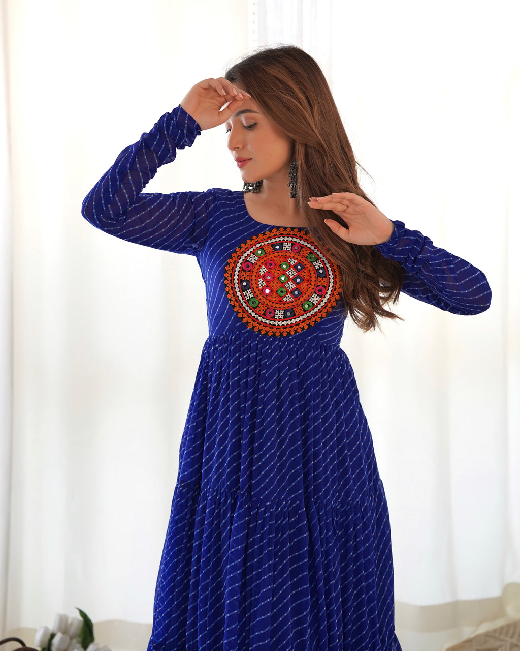 Laheriya Print Faux Georgette 7M+ Flair Anarkali Gown with Gamthi Yoke & Back Dori